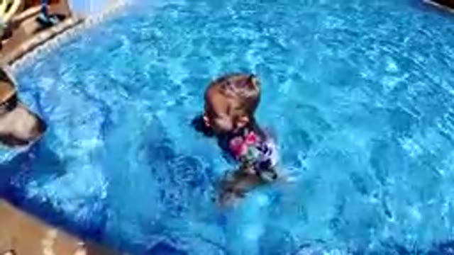 Dog And A Girl In A Pool Playing With A Ball