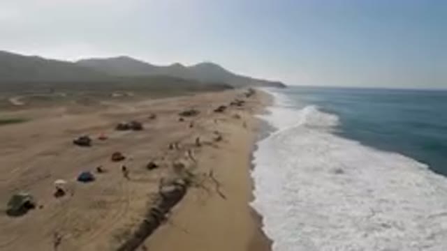 MIGRINO BCS MEXICO-2023: Aerial View Of Beach With Umbrellas And People On Sand