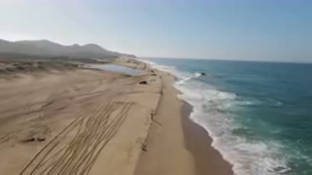 MIGRINO BCS MEXICO-2023: On The Beach With A Line Of Cars Parked On The Sand
