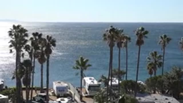 MALIBU CALIFORNIA-2020: View Of Three Parked White Campers And Palm Trees Near Ocean
