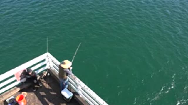 MALIBU CALIFORNIA-2020: Fisherman In A Straw Hat Leans Over White Railing To Fish