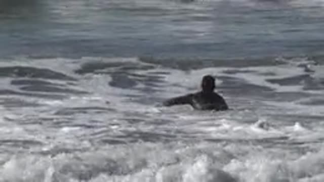 HUNTINGTON BEACH CALIFORNIA-2020: Surfer Wearing Rash Guard Paddles Out To Sea