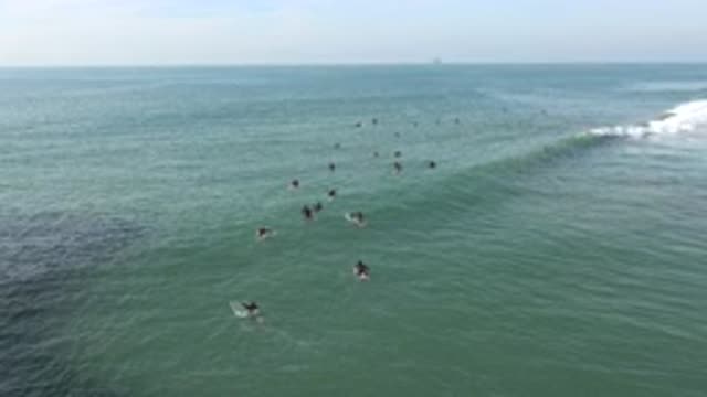 HUNTINGTON BEACH CALIFORNIA-2020: Large Group Of People Swimming In The Sea With