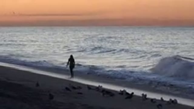 HUNTINGTON BEACH CALIFORNIA-2020: Lone Person Walking On Beach Through Waves On