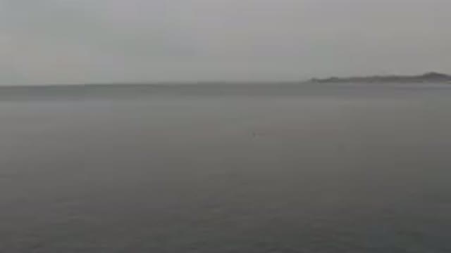 Distant Coastline Over Calm Grey Ocean