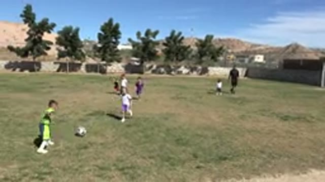 LOS CABOS MEXICO-2019: Six Small Children Play Soccer On A Grassy Field With