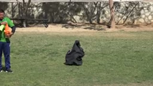 LOS CABOS MEXICO-2019: A Man Sets Up Cones On A Grassy Field Just Before
