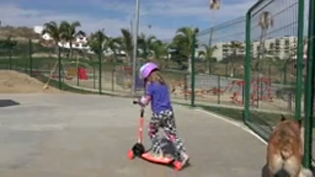 LOS CABOS MEXICO-2019: Girl in Helmet Riding Scooter in Playground Near Dog and Palm Trees