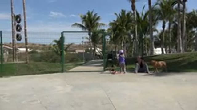 LOS CABOS MEXICO-2019: Girl Child Playing Skating Cycle in Park With Dad and Dog