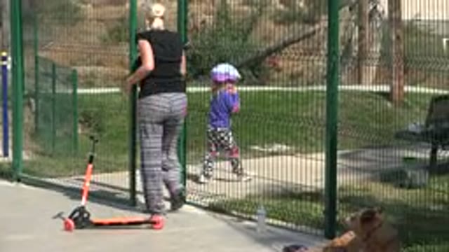 LOS CABOS MEXICO-2019: Mother And Child Walk Through Park While Dog Waits Outside