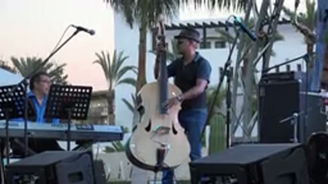LOS CABOS MEXICO-2019: A Man Plucks A Large White Bass While Another Man Plays Keyboard
