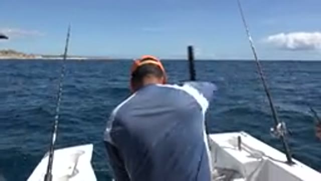 LOS CABOS MEXICO-2019: Dad Prepares His Fishing Pole on a Boat