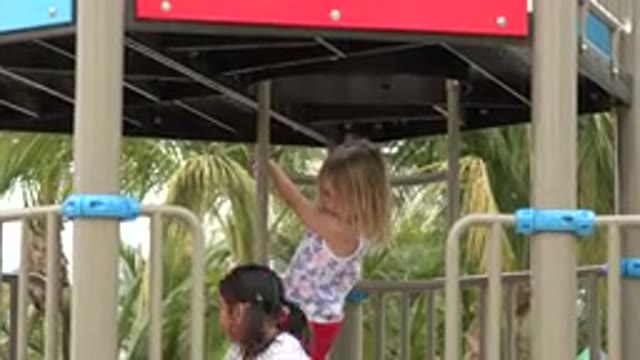 SAN JOSE DEL CABO MEXICO-2019: Young Girl Slowly Climbing A Ladder On A Playground Structure