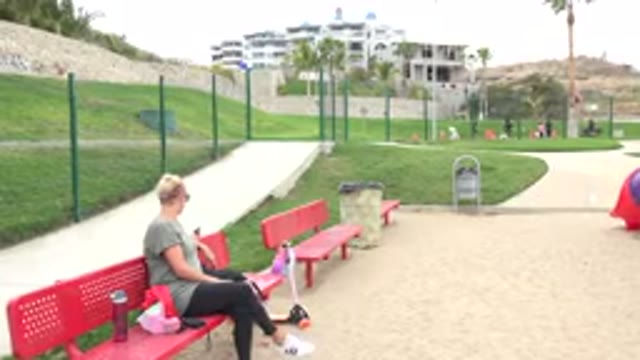 SAN JOSE DEL CABO MEXICO-2019: Woman Seated On A Park Bench Accompanied By A Dog