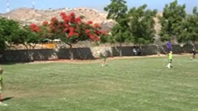 SAN JOSE DEL CABO MEXICO-2019: Children With Green And White Shirts Play Football On Grass Field