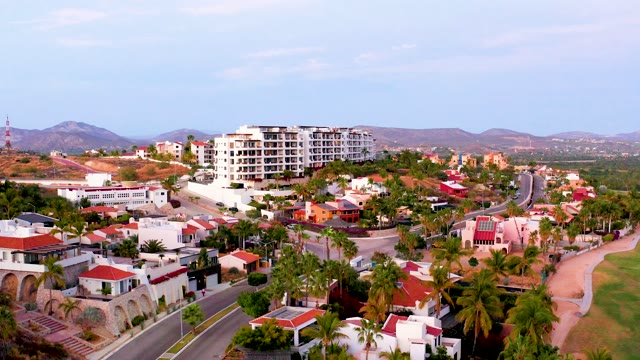 SAN JOSE DEL CABO MEXICO-2021: Car Moving Along a Palm Tree-lined Residential Road