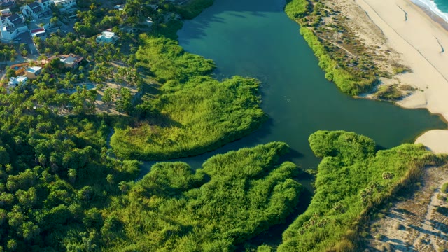TODOS SANTOS BCS MEXICO-2021: Estuary Flowing Into Sandy Beach with Mangrove Vegetation
