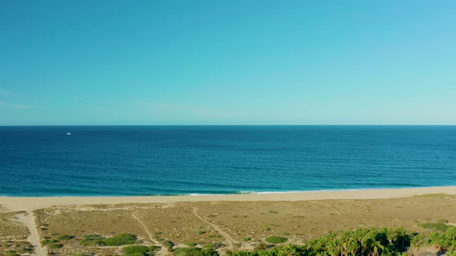 TODOS SANTOS BCS MEXICO-2021: Ocean Shore with Dune Vegetation and Passing Boat