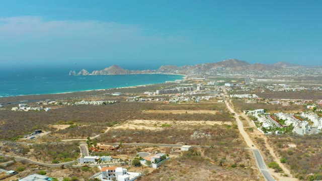 CABO SAN LUCAS BCS MEXICO-2021: Coastal Desert and Buildings in Aerial Pan