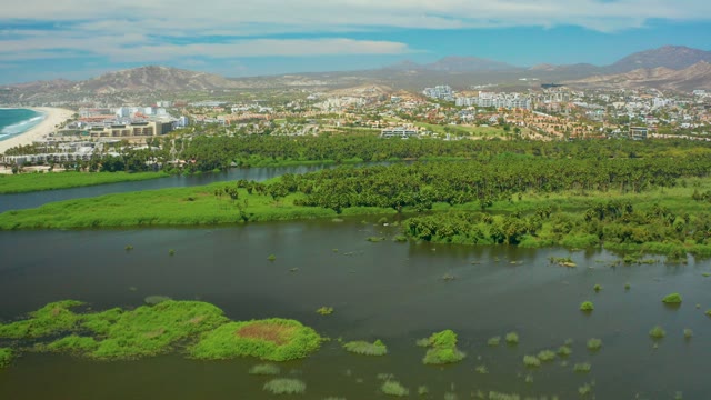 SAN JOSE DEL CABO BCS MEXICO-2021: Coastal River with Lush Vegetation and Urban Background