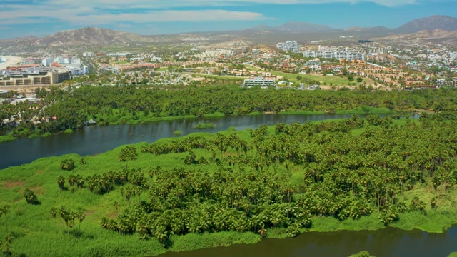 SAN JOSE DEL CABO BCS MEXICO-2021: Lush Riverbank with Urban and Mountain Backdrop