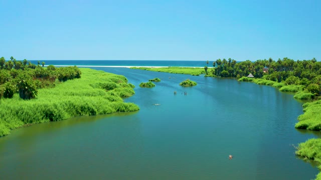 SAN JOSE DEL CABO ESTUARY BCS MEXICO-2021: Small Boat Traveling Through a Lush River Channel