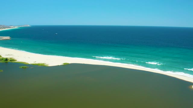 SAN JOSE DEL CABO ESTUARY BCS MEXICO-2021: Estuary Flowing Into Ocean at Sandy Shore
