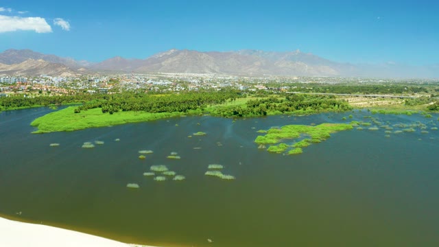 SAN JOSE DEL CABO ESTUARY BCS MEXICO-2021: Water Surface with Green Algae and Distant City