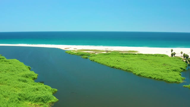 SAN JOSE DEL CABO ESTUARY BCS MEXICO-2021: River Merging with Ocean at Sandy Shore