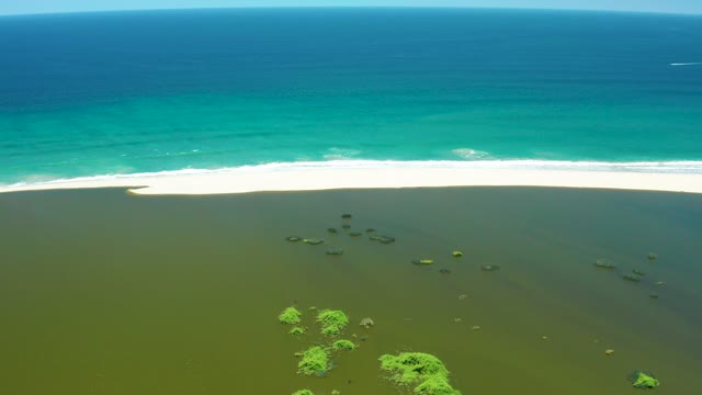 SAN JOSE DEL CABO ESTUARY BCS MEXICO-2021: Ocean Waves Breaking on Sandy Shore with Shallow Wetland
