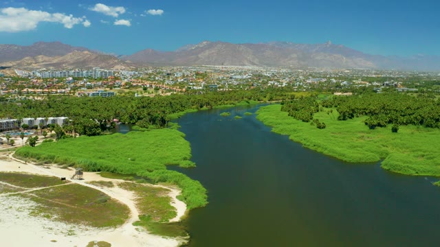 SAN JOSE DEL CABO ESTUARY BCS MEXICO-2021: Receding River Water Exposes Green Riverbank