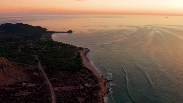 CABO PULMO BCS MEXICO-2021: Aerial of Coastal Road, Beach, and Hills at Sunset