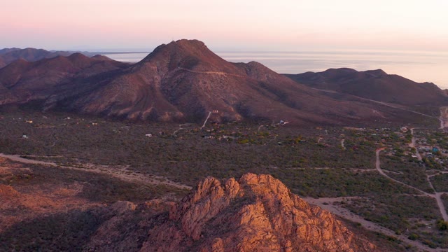 CABO PULMO BCS MEXICO-2021: Sunset Illuminating Mountain Valley and Desert Landscape