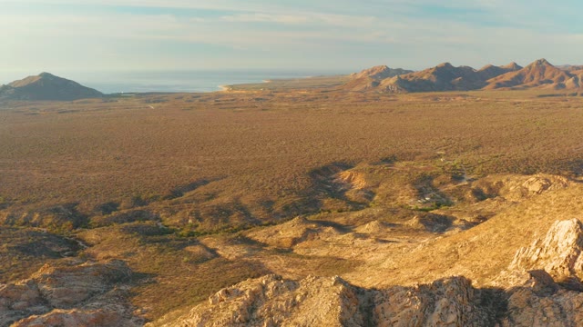 CABO PULMO BCS MEXICO-2021: Panning View of Arid Valley and Distant Hills