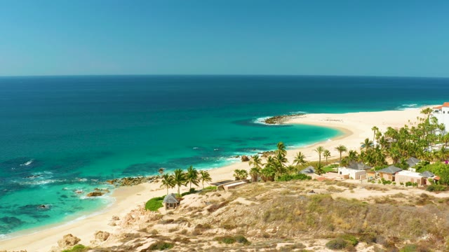HILTON LOS CABOS MEXICO-2021: Panning View of Turquoise Ocean and Sandy Beach