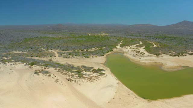 LA LAGUNA BEACH LOS CABOS MEXICO-2021: Desert Dunes, Green Water, and Vehicle Moving Across Sand