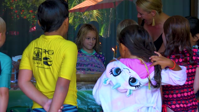 SAN JOSE DEL CABO BCS MEXICO-2020: Children Gathering Around a Birthday Cake with Lit Candle