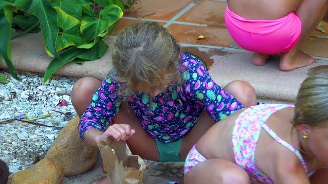 SAN JOSE DEL CABO BCS MEXICO-2020: Children Playing with a Paper Bag by Poolside