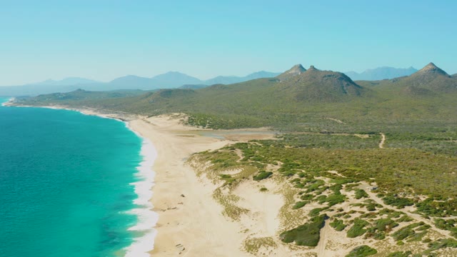 Gentle Waves Rolling Onto Sandy Beach with Green Dunes