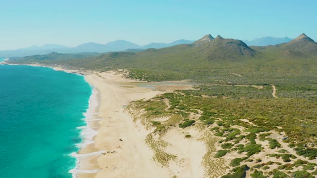 Sandy Beach with Turquoise Ocean and Green Dunes