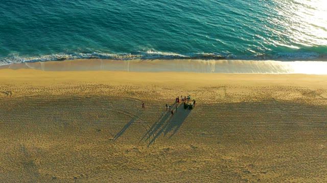 People on Sandy Beach with Ocean Waves