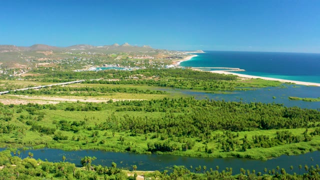 SAN JOSE DEL CABO BCS MEXICO-2020: Coastal River and Lush Fields From Aerial View