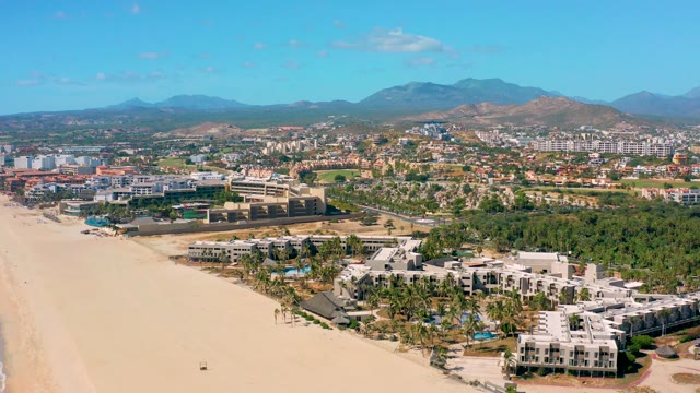 SAN JOSE DEL CABO BCS MEXICO-2020: Aerial Pan of Sandy Beach and Resort Complex