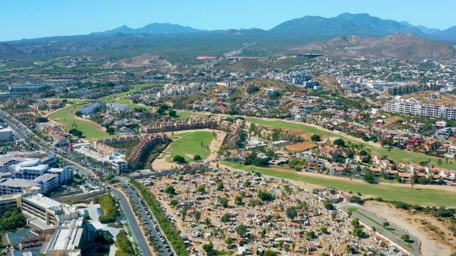 SAN JOSE DEL CABO BCS MEXICO-2020: Aerial Pan of Urban Neighborhood and Golf Course