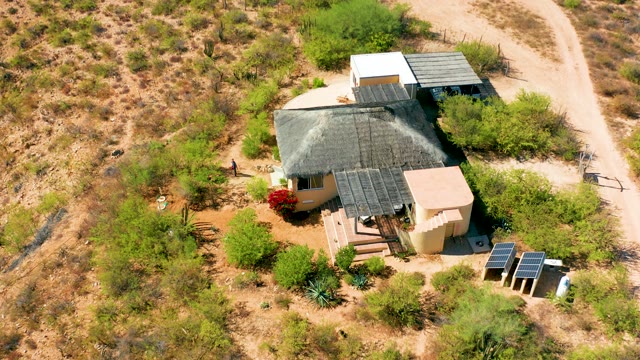 CABO PULMO BCS MEXICO-2020: Aerial Approach to Desert House with Solar Panels