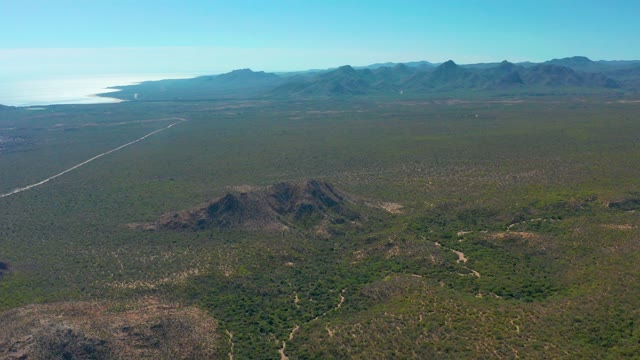 CABO PULMO BCS MEXICO-2020: Drone Flight over Coastal Scrubland and Distant Mountains