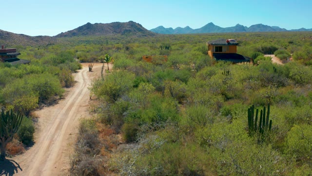 CABO PULMO BCS MEXICO-2020: Dirt Road Through Desert with Cacti and Small Structures