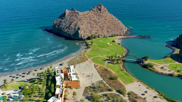 LORETO BCS MEXICO-2020: Rocky Island and Beach with Lagoon and Bridge From Above