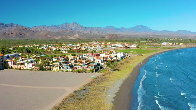 LORETO BCS MEXICO-2020: Coastal Town and Sandy Beach Aerial Pan