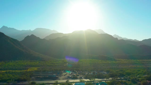 LORETO BCS MEXICO-2020: Sunny Mountain Valley with Sun Flare and Settlement